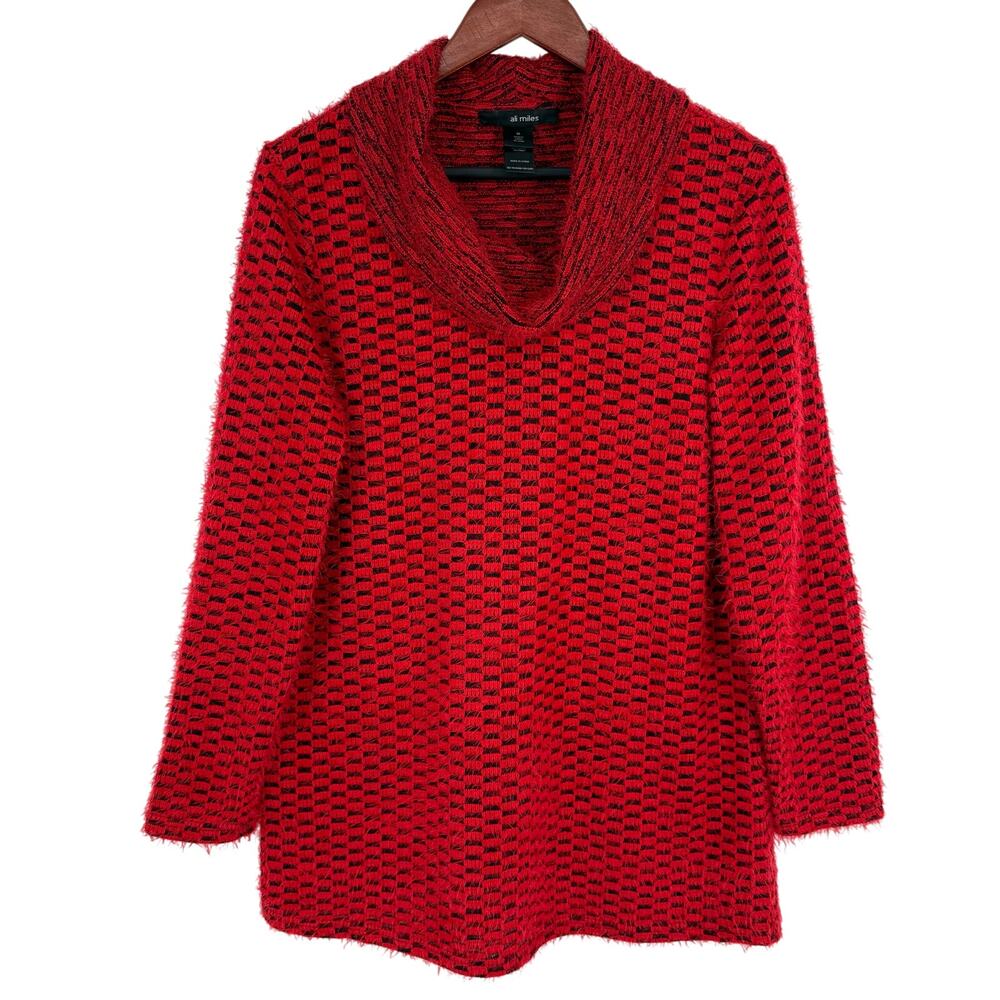 Ali Miles Medium Red Fuzzy Wearable Art to Wear Blouse Shirt Top Christmas Artsy